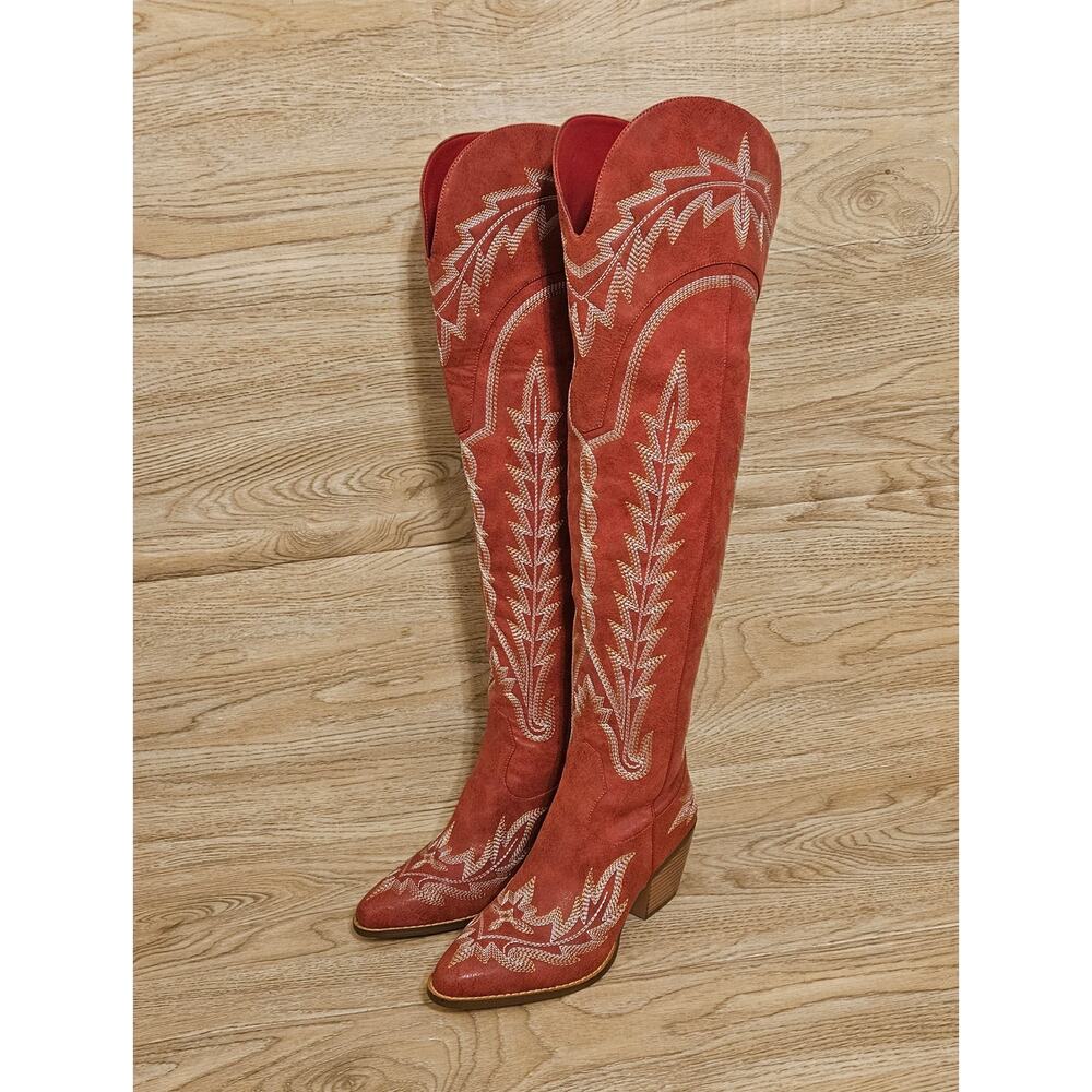 Western Cowboy Pointed Toe Block Heel Embroidery Over Knee Boots Womens Size 7.5 - Picture 4 of 9